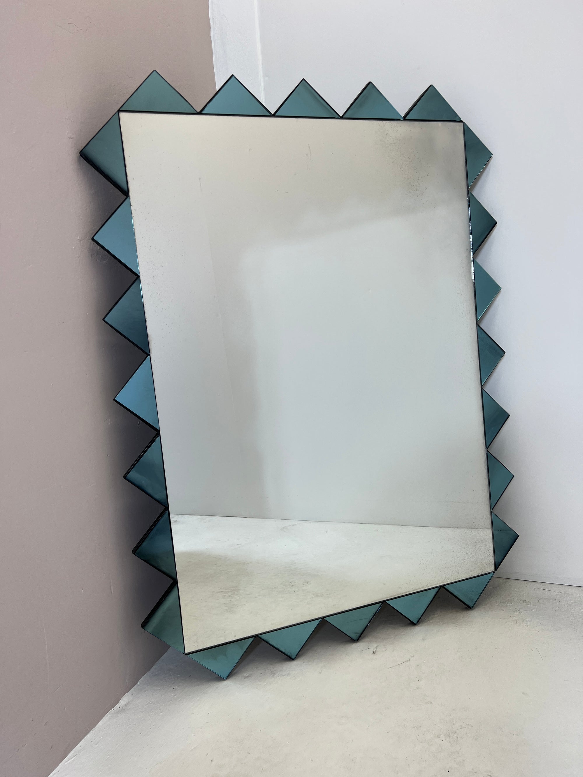 Contemporary antiqued mirror with blue glass border - 720 x 1155mm