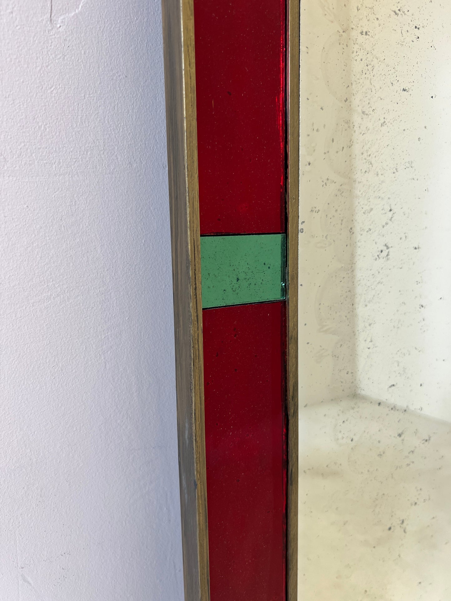 Art Deco inspired Antiqued Mirror with ripplied, red water glass border - 760 x 1235mm