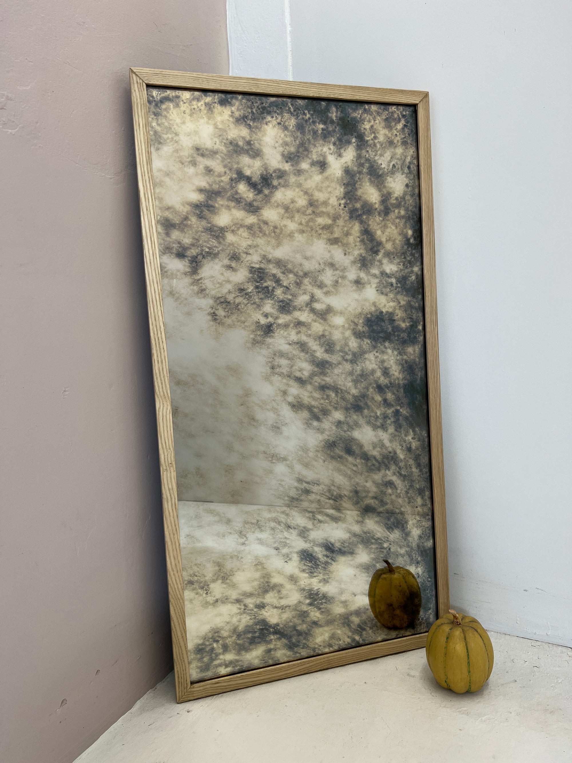 Oak framed antiqued mirror - 470 x 930mm