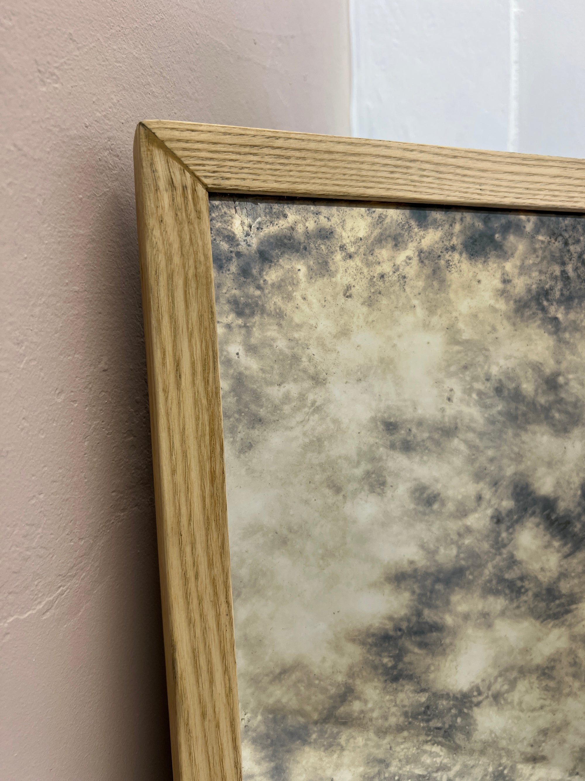 Oak framed antiqued mirror - 470 x 930mm