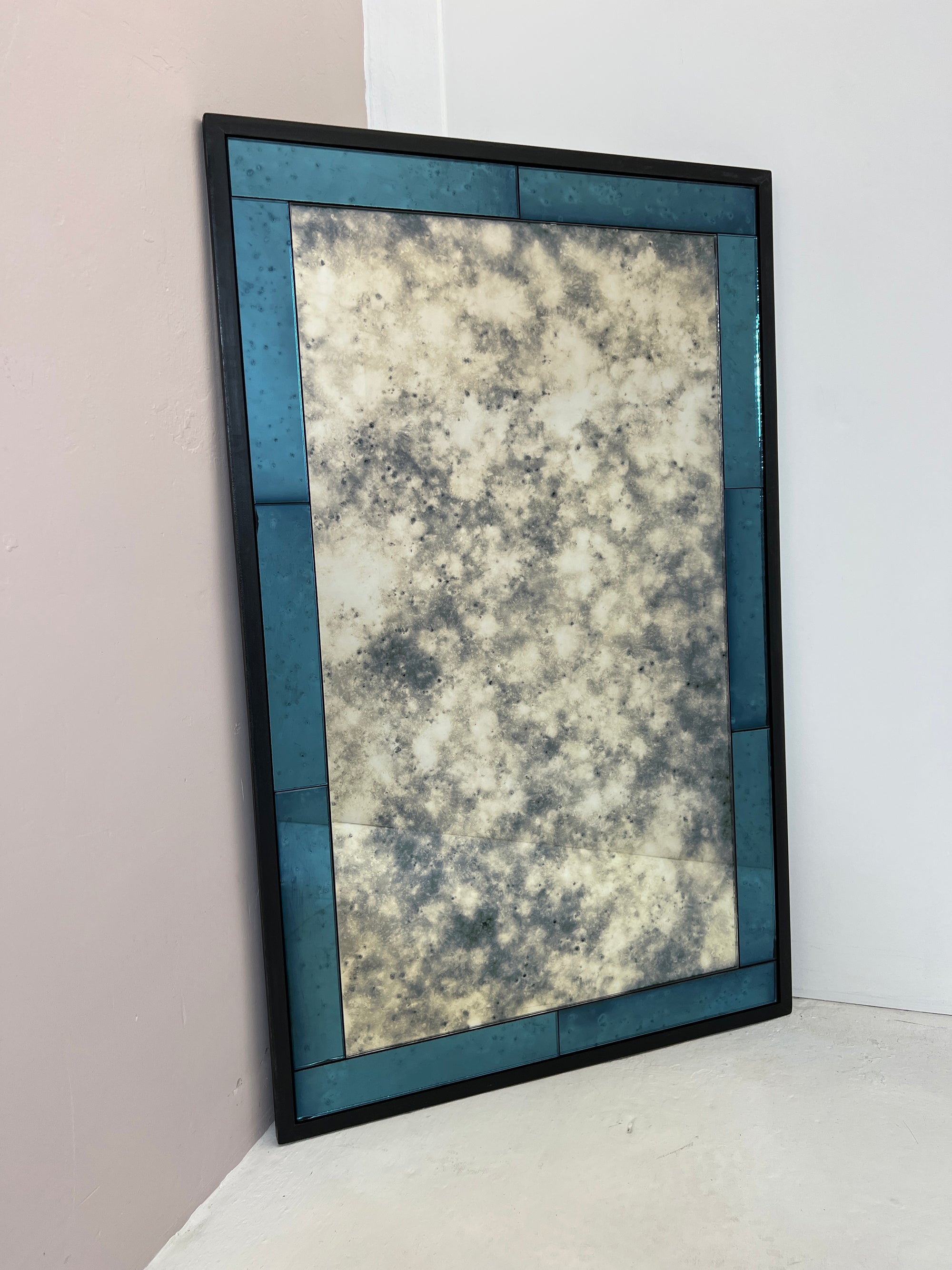 Art Deco inspired Antiqued Mirror with blue mirror border - 720 x 1155mm