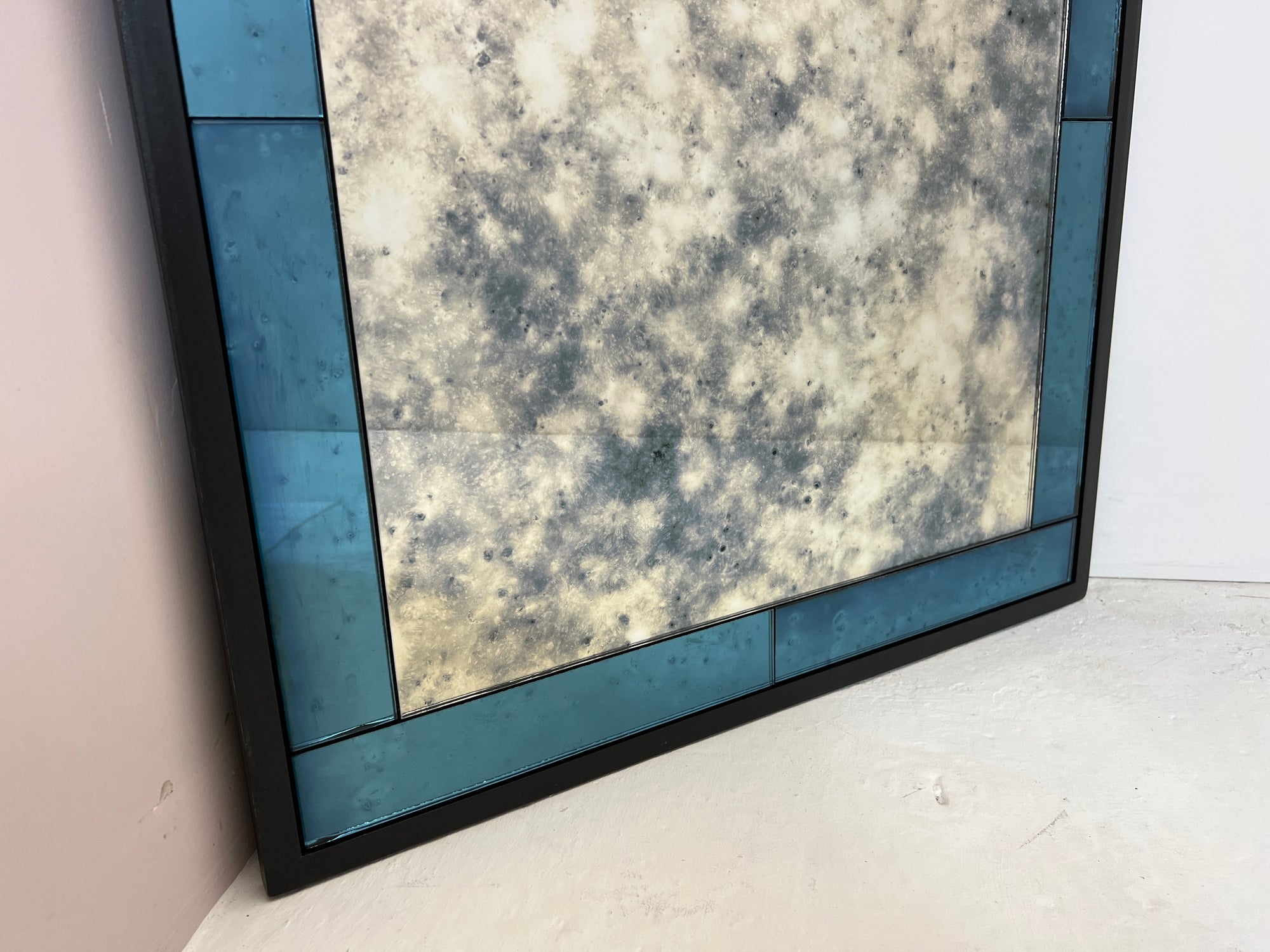 Art Deco inspired Antiqued Mirror with blue mirror border - 720 x 1155mm