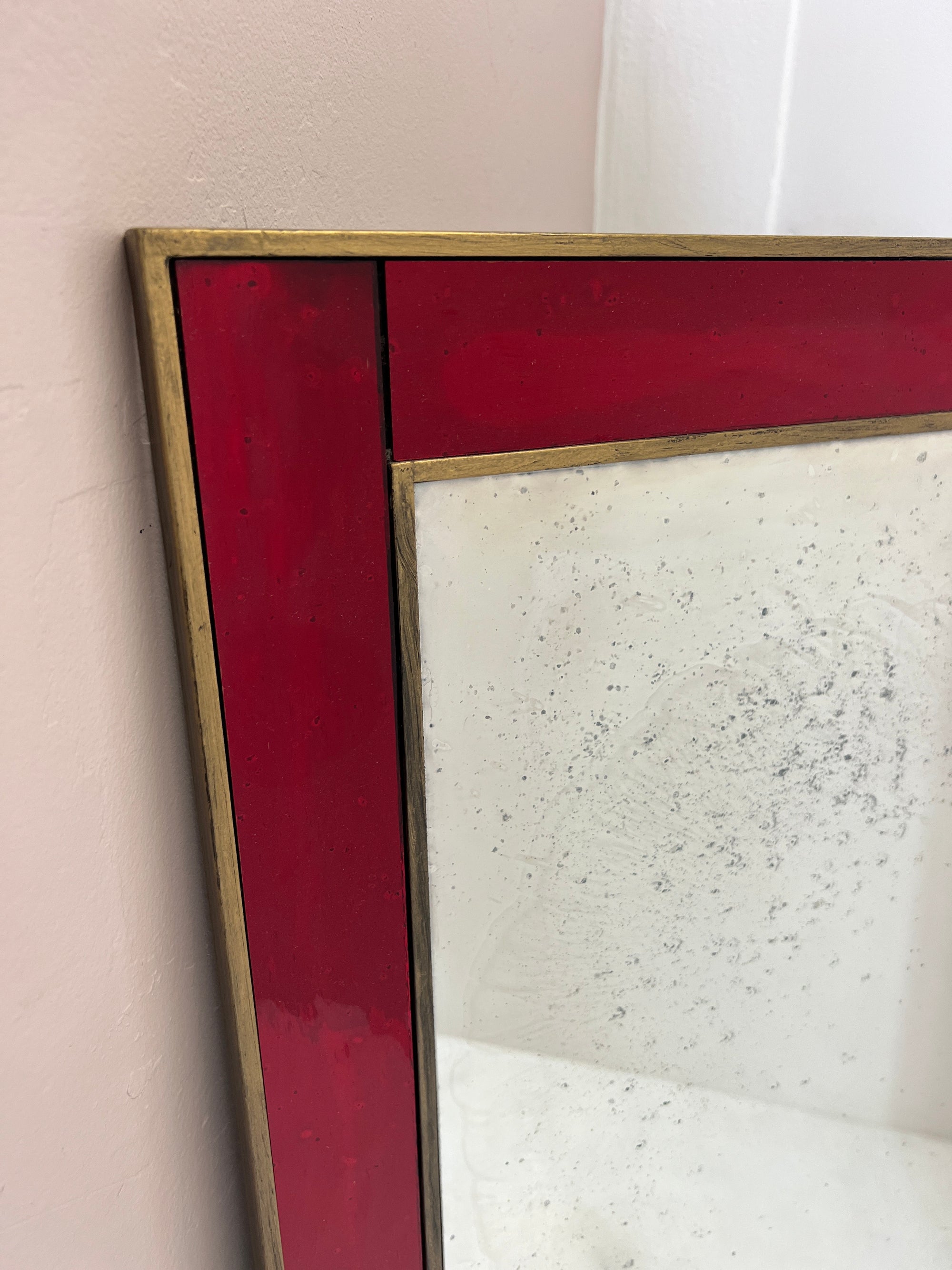 Art Deco inspired Antiqued Mirror with ripplied, red water glass border - 760 x 1235mm