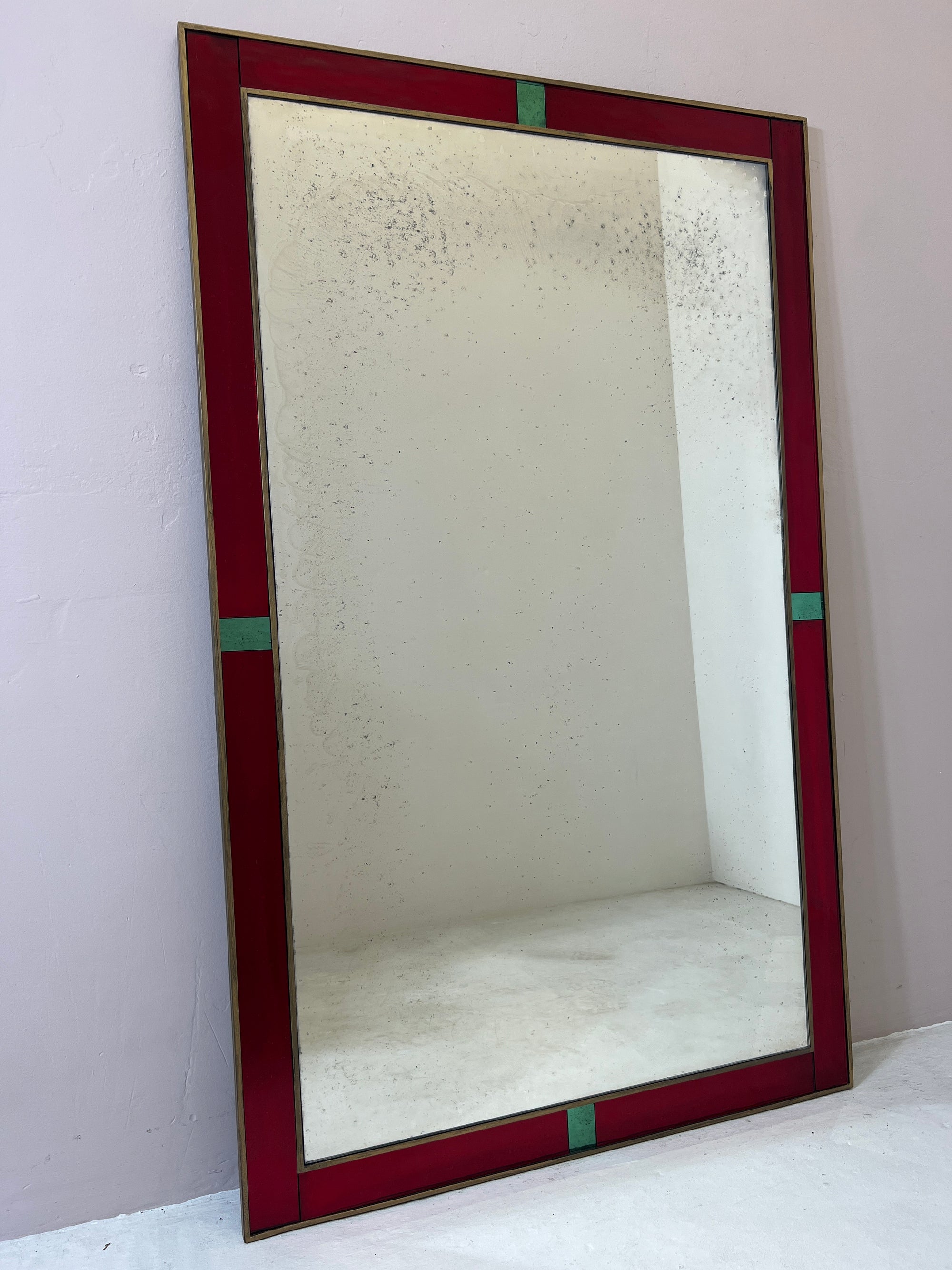 Art Deco inspired Antiqued Mirror with ripplied, red water glass border - 760 x 1235mm