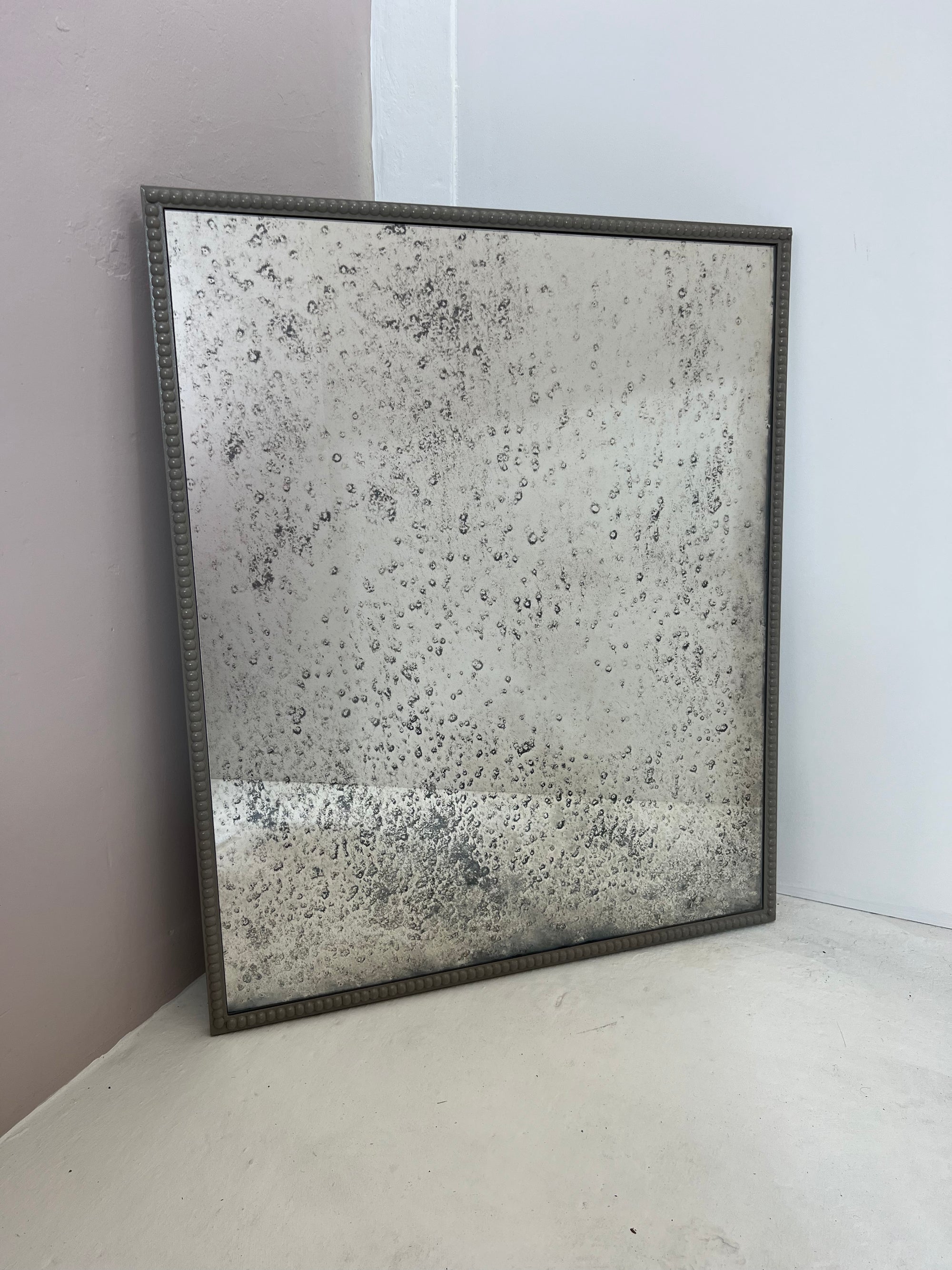 Mottled antiqued mirror with grey beaded frame  - 740 x 890mm