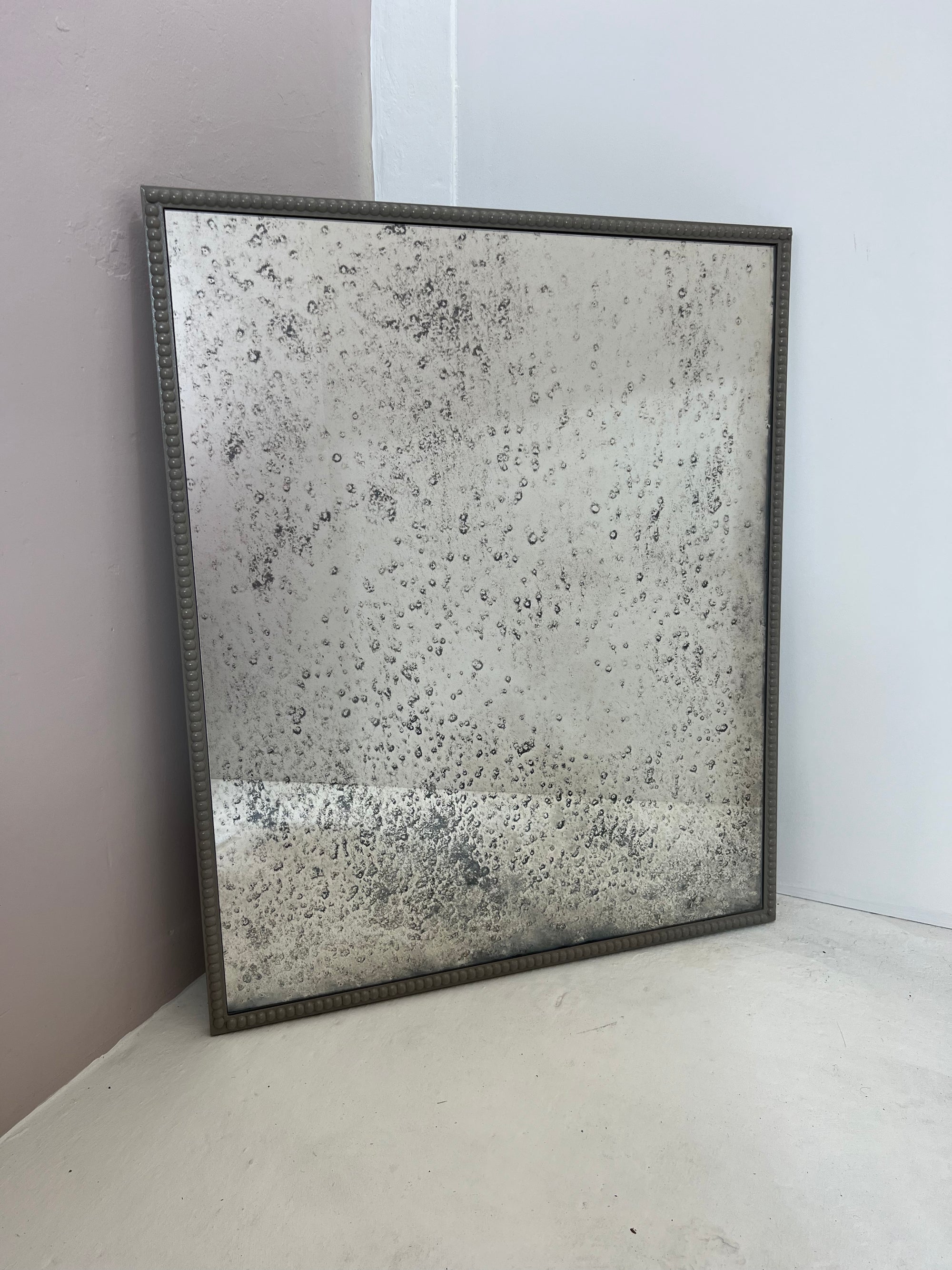 Mottled antiqued mirror with grey beaded frame 740 x 890mm