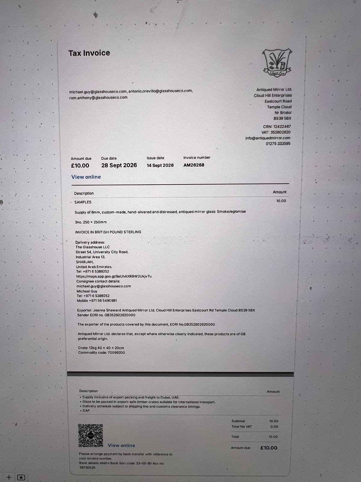 Glasshouse Invoice